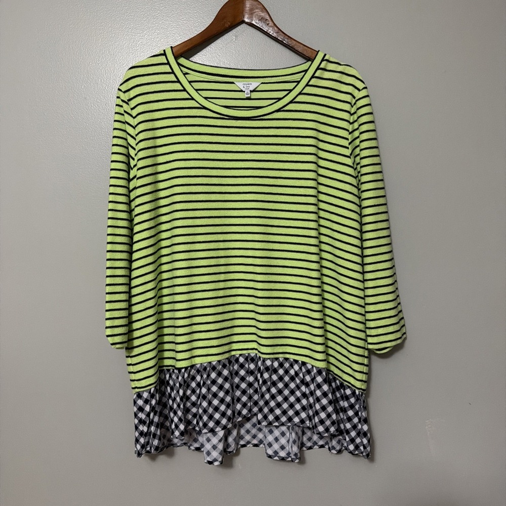 Crown & Ivy Blouse Shirt Green Black Striped Peplum Women's SZ 1X Ruffle Checker